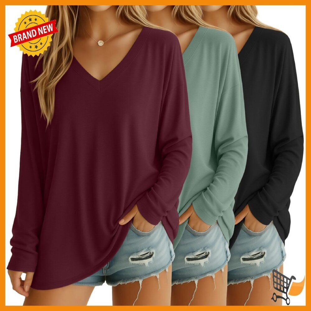 Oversized Long Sleeve V-Neck Cotton Tees 3-Pack Loose Fit Basic Tops